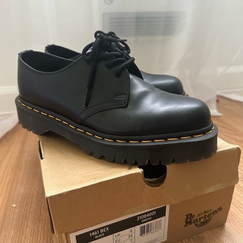 Dr. Martens Black Leather Oxfords with Signature Stitching